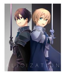 Rule 34 | 2boys, :d, armor, back-to-back, black cape, black eyes, black hair, blonde hair, blue cape, blue eyes, blue rose sword, cape, eugeo, from side, gauntlets, grin, hair between eyes, highres, holding, holding sword, holding weapon, kirito, looking at viewer, male focus, multiple boys, oekaki taro, open mouth, pauldrons, shoulder armor, smile, standing, sword, sword art online, sword art online: alicization, weapon