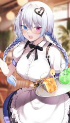 Rule 34 | + +, 1girl, absurdres, alternate costume, alternate hairstyle, apron, black bow, black bowtie, black skirt, blue eyes, blue hair, blurry, blurry background, blush, bow, bowtie, braid, breasts, collared shirt, cup, drink, drinking glass, food, french braid, frilled apron, frills, fruit, glasses, grey hair, hair between eyes, hair ornament, heart, heart hair ornament, heterochromia, high-waist skirt, highres, ice, ice cube, indoors, kairi (miry666), large breasts, long hair, looking at viewer, neo-porte, open mouth, orange (fruit), orange slice, pink eyes, puffy short sleeves, puffy sleeves, shirt, short sleeves, skirt, solo, spilling, suspender skirt, suspenders, teeth, tentei forte, tray, twin braids, upper teeth only, virtual youtuber, waitress, white apron, white shirt, wing collar