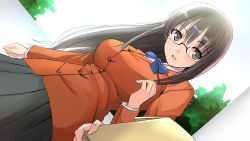 Rule 34 | 1girl, blazer, blue ribbon, breasts, brown eyes, brown hair, buttons, day, glasses, highres, jacket, long hair, long sleeves, looking at viewer, looking to the side, miracle hoshi, neck ribbon, open mouth, original, outdoors, ribbon, school uniform, skirt, smile, solo, uniform