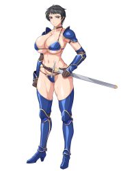 Rule 34 | 1girl, armor, armored boots, bikini armor, black hair, blue armor, blue eyes, boots, breasts, brown choker, brown gloves, choker, cleavage, closed mouth, collarbone, commentary request, commission, elbow gloves, full body, gauntlets, gloves, high heel boots, high heels, highres, holding, holding sheath, large breasts, looking at viewer, navel, original, ozaneko, scabbard, sheath, sheathed, short hair, shoulder pads, sidelocks, simple background, skeb commission, skindentation, smile, solo, standing, stomach, swept bangs, sword, tachi-e, tomboy, toned, warrior, weapon, white background