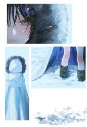 Rule 34 | 1boy, 4the2ofus, armor, artist name, back, black footwear, black hair, blue sky, blush, boots, closed mouth, coat, commentary request, day, fur-trimmed coat, fur trim, genshin impact, gold necklace, hair between eyes, highres, hood, hooded coat, jewelry, long sleeves, looking to the side, male focus, necklace, official alternate costume, outdoors, purple eyes, scaramouche (genshin impact), short hair, sky, smile, snow, snowing, solo, tomoe (symbol), white coat, winter, winter clothes