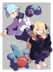Rule 34 | 1boy, 1girl, anidf, barefoot, beldum, black nails, blonde hair, blue hair, closed mouth, commentary request, creatures (company), cynthia (pokemon), eyelashes, feet, game freak, gen 3 pokemon, gen 4 pokemon, gible, grey eyes, hair over one eye, hands up, highres, jewelry, long hair, long sleeves, nail polish, nintendo, own hands together, pants, pokemon, pokemon (creature), pokemon dppt, pokemon rse, ring, short hair, smile, squatting, steven stone, sweater, toenail polish, toenails, toes, tongue, tongue out