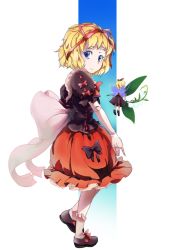 Rule 34 | 1girl, blonde hair, blue eyes, bow, doll joints, dress, female focus, flower, flying, from behind, hair bow, hair ribbon, joints, leaf, lily of the valley, medicine melancholy, ribbon, sinzan, solo, su-san, touhou