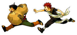 Rule 34 | 2boys, aqua eyes, bandaged hand, bandaged leg, bandages, black hair, black shirt, blush, bowl cut, chasing, facial tattoo, fishnet top, full body, gaara (naruto), green jumpsuit, green pants, holding gourd, jumpsuit, leg warmers, male focus, multiple boys, naruto (series), open mouth, outstretched arm, pants, red hair, rock lee, running, sandals, sash, shirt, short hair, shoulder strap, spiked hair, tattoo, thick eyebrows, toeless footwear, torimaru-douhu, white background, white sash
