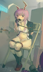 Rule 34 | 1girl, absurdres, animal ears, arms behind back, ball gag, bdsm, black legwear, blush, bondage, bound, box, breasts, brown footwear, ceiling, chair, collarbone, dildo, dutch angle, full body, gag, highres, indoors, jacket, kaddo, leaning forward, legs together, long hair, long sleeves, looking at viewer, navel, open clothes, open jacket, open shirt, purple hair, rabbit ears, red eyes, reisen udongein inaba, restrained, rope, sex toy, sitting, small breasts, solo, suit jacket, sweat, teeth, touhou, underwear, upper teeth only, vibrator