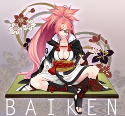 Rule 34 | 1girl, baiken, bandages, black jacket, black kimono, boots, breasts, character name, chimachi, cleavage, cross-laced footwear, eyepatch, facial tattoo, flower, full body, grin, guilty gear, highres, jacket, japanese clothes, kataginu, katana, kimono, kiseru, large breasts, long hair, looking at viewer, multicolored clothes, multicolored kimono, obi, one-eyed, open clothes, open kimono, pink hair, pink lips, smoking pipe, ponytail, red eyes, samurai, sash, scar, scar across eye, scar on face, sitting, smile, solo, spread legs, sword, tattoo, toeless footwear, very long hair, weapon, white kimono