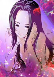 Rule 34 | 1girl, absurdres, black hair, boa hancock, breasts, cleavage, earrings, highres, jewelry, long hair, one piece, sagatsune, smile, solo, topless