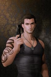 Rule 34 | 1boy, arm tattoo, bara, billy coen, brown hair, closed mouth, commentary request, covered erect nipples, dog tags, facial hair, finger on trigger, grey eyes, grey tank top, gun, hair slicked back, hair strand, handgun, highres, holding, holding gun, holding weapon, male focus, mixed-language commentary, muscular, muscular male, pectorals, pistol, resident evil, ribbed tank top, saolin (wudangx), short hair, sleeveless, solo, stubble, tank top, tattoo, taut clothes, upper body, weapon