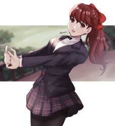 Rule 34 | 1girl, black jacket, black pantyhose, bow, buttons, commentary, hair bow, highres, jacket, long hair, long sleeves, looking at viewer, open mouth, pantyhose, persona, persona 5, persona 5 the royal, plaid, plaid skirt, pleated skirt, ponytail, pppppknw, red bow, red eyes, red hair, school uniform, shirt, shuujin academy school uniform, skirt, smile, solo, twitter username, uniform, white shirt, yoshizawa kasumi