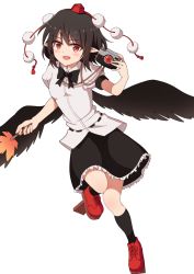 Rule 34 | 1girl, bird wings, black bow, black bowtie, black hair, black skirt, black socks, black wings, blush, bow, bowtie, camera, collared shirt, feathered wings, frilled skirt, frills, full body, geta, hat, hauchiwa, highres, holding, holding camera, kneehighs, open mouth, pom pom (clothes), puffy short sleeves, puffy sleeves, red eyes, red footwear, red hat, shameimaru aya, shirt, short sleeves, simple background, skirt, socks, solo, tassel, tengu-geta, tksand, tokin hat, touhou, white background, white shirt, wings
