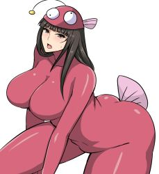 Rule 34 | 1girl, anglerfish costume, ass, blush, bodysuit, breasts, brown eyes, brown hair, girls und panzer, hifumi hajime, highres, large breasts, long hair, looking at viewer, mature female, nishizumi shiho, open mouth, solo, white background