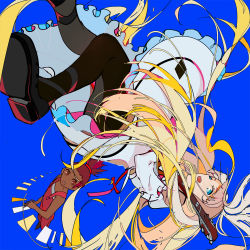 Rule 34 | 2girls, :d, :o, ankle strap, bare arms, bare shoulders, black footwear, blonde hair, blue background, blue eyes, blunt bangs, brown eyes, carole &amp; tuesday, carole stanley, colored inner hair, colorful, commentary, dark-skinned female, dark skin, dress, english commentary, flat chest, floating hair, foot out of frame, frilled dress, frills, from above, full body, grey dress, guitar, high ponytail, instrument, keyboard (instrument), knees together feet apart, light smile, lolita fashion, long hair, looking afar, looking at another, looking to the side, looking up, multicolored hair, multiple girls, no nose, open mouth, overalls, pantyhose, ponytail, rotational symmetry, shoe soles, simple background, smile, strapless, sukybaba, tuesday simmons, upside-down, very dark skin, very long hair