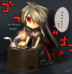 Rule 34 | 1girl, candle, chibi, eyepatch, hair over one eye, hatamoto (kotoba), hinomaru (kotoba), kotoba noriaki, long hair, original, red eyes, stuffed animal, stuffed rabbit, stuffed toy, very long hair