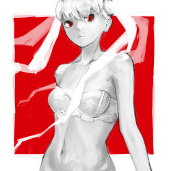 Rule 34 | 1girl, bare hips, bra, commentary, hair ornament, hair scrunchie, highres, lingerie, long hair, looking at viewer, oikura sodachi, red eyes, rhinth, scrunchie, strapless, strapless bra, twintails, underwear, white hair