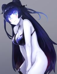Rule 34 | 10s, 1girl, abyssal ship, bad id, bad pixiv id, black bra, black hair, blue eyes, blush, bottomless, bra, breasts, cleavage, colored skin, double bun, glowing, glowing eyes, kantai collection, large breasts, light cruiser oni, long hair, looking at viewer, simple background, solo, underwear, weasel (close-to-the-edge), white skin