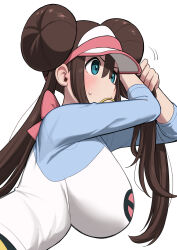 Rule 34 | 1girl, absurdres, adjusting hair, blue eyes, blue shirt, blush, bow, breasts, brown hair, closed mouth, commentary, creatures (company), double bun, doughnut hair bun, from side, game freak, hair between eyes, hair bow, hair bun, hair tie in mouth, highres, impossible clothes, impossible shirt, keiichi r18, large breasts, leaning forward, long hair, mouth hold, nintendo, pink bow, poke ball print, pokemon, pokemon bw2, raglan sleeves, rosa (pokemon), shirt, simple background, solo, sweatdrop, twintails, two-tone shirt, upper body, visor cap, white background, white shirt