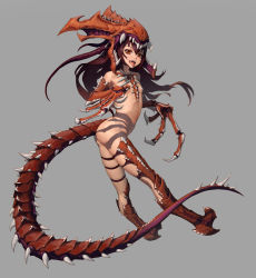 Rule 34 | 1girl, absurdres, brown eyes, brown hair, carapace, claws, fangs, full body, grey background, high heels, highres, hydralisk, long hair, looking at viewer, mcrc science, monster girl, nude, red eyes, revealing clothes, shadow, sharp teeth, simple background, skinny, spikes, starcraft, tail, teeth, thigh strap, tongue, tongue out, twisted torso, zerg (starcraft)