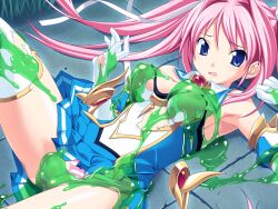 Rule 34 | 1girl, ass, breasts, clothes lift, kneehighs, kodama izayoi, leg up, lying, magical girl, medium breasts, non-web source, on back, panties, pussy, skirt, skirt lift, slime (substance), socks, stellula eques, torn clothes, underwear