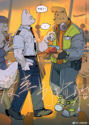 Rule 34 | 1girl, 2boys, absurdres, alternate costume, bara, chinese text, dog boy, don&#039;t pick up dogs without reason, drinking, eye contact, food theft, from side, full body, gloves, headphones, headphones around neck, highres, looking at another, male focus, multiple boys, police, police uniform, policeman, profile, smug, solid circle eyes, standing, sweatdrop, thick eyebrows, translation request, uniform, xiao ji pi fa