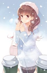 Rule 34 | 10s, 1girl, bag, beret, black pantyhose, blush, breath, brown eyes, brown hair, coat, coffee cup, cup, disposable cup, handbag, hat, kantai collection, komi zumiko, light smile, ooi (kancolle), out of frame, pantyhose, pov, pov hands, snowing, solo focus, winter clothes