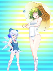 Rule 34 | 2girls, :d, adapted costume, akizawa tenma, blue eyes, blue hair, boots, bow, circled 9, cirno, covered navel, cross-laced footwear, elbow pads, closed eyes, frog, frozen, frozen frog, green hair, hair bow, hands on own hips, highres, kazami yuuka, lace-up boots, multiple girls, name tag, one-piece swimsuit, open mouth, school swimsuit, short hair, smile, striped, striped background, swimsuit, tag dream, tiptoes, touhou, umbrella, white one-piece swimsuit, white school swimsuit, wings, wrestling outfit