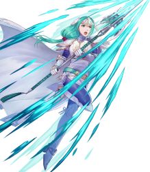 Rule 34 | 1girl, aqua eyes, aqua hair, arm guards, armor, belt, boots, cape, elbow gloves, female focus, fingerless gloves, fire emblem, fire emblem: path of radiance, fire emblem heroes, full body, gloves, hair ornament, headpiece, highres, holding, holding weapon, knee boots, long hair, looking away, low-tied long hair, matching hair/eyes, nintendo, non-web source, official art, open mouth, pikomaro, polearm, shoulder armor, sigrun, solo, spear, transparent background, turtleneck, weapon, white armor, white cape, white footwear