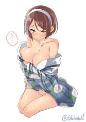 Rule 34 | 10s, 1girl, bad id, bad twitter id, bare legs, bare shoulders, barefoot, blush, breasts, brown eyes, brown hair, cleavage, closed mouth, collarbone, covering privates, covering crotch, cropped legs, ebifurya, floral print, hair between eyes, hairband, highres, inactive account, japanese clothes, kantai collection, kimono, long sleeves, looking at viewer, medium breasts, natori (kancolle), no panties, off shoulder, one eye closed, print kimono, short hair, simple background, sitting, solo, speech bubble, tears, thigh gap, twitter username, white background, yokozuwari
