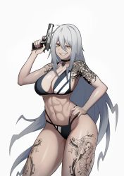 Rule 34 | 1girl, :d, abs, bikini, black bikini, borrowed character, breasts, cero (last2stage), cleavage, commission, contrapposto, cowboy shot, grey hair, grin, gun, hair between eyes, hand on own hip, highres, holding, holding gun, holding weapon, large breasts, leg tattoo, long hair, looking at viewer, multi-strapped bikini, open mouth, original, parted lips, shoulder tattoo, simple background, smile, snake tattoo, solo, swimsuit, tattoo, thighs, trigger discipline, very long hair, weapon, white background, yellow eyes