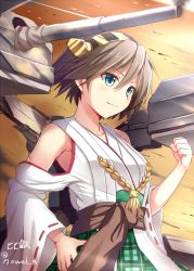 Rule 34 | &gt;:), 10s, 1girl, armpits, bare shoulders, blue eyes, brown hair, character name, clenched hand, cowboy shot, detached sleeves, flipped hair, hairband, hand on own hip, headgear, hiei (kancolle), hiei kai ni (kancolle), japanese clothes, kantai collection, machinery, noe noel, nontraditional miko, one-hour drawing challenge, plaid, plaid skirt, ribbon-trimmed sleeves, ribbon trim, sash, short hair, skirt, solo, tsurime, turret, twitter username, v-shaped eyebrows