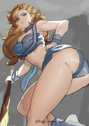 Rule 34 | 1girl, absurdres, aqua eyes, artist name, ass, ayla (chrono trigger), bare shoulders, blonde hair, breasts, chrono trigger, club (weapon), commentary request, fur trim, hand on own hip, highres, kagematsuri, long hair, looking at viewer, looking back, medium breasts, midriff, miniskirt, navel, panties, parted lips, signature, simple background, skirt, solo, stomach, strapless, thighs, tube top, twisted torso, underwear, watermark, weapon, wristband