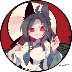 Rule 34 | 1girl, animal ears, antenna hair, profile picture, black hair, blush, breasts, bright pupils, brooch, closed mouth, commentary request, commission, dress, eyes visible through hair, fingernails, full moon, grey neckerchief, hand on breast, hands up, imaizumi kagerou, jewelry, large breasts, long fingernails, long hair, long sleeves, looking at viewer, massakasama, moon, multicolored hair, nail polish, neckerchief, raised eyebrow, red background, red eyes, red hair, red nails, round image, sharp fingernails, signature, skeb commission, smile, solo, streaked hair, touhou, translation request, upper body, white dress, white pupils, wide sleeves, wolf ears