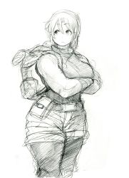 Rule 34 | 1girl, backpack, bag, belt, breasts, crossed arms, curvy, greyscale, highres, hunter rank e, large breasts, looking to the side, looking up, monochrome, original, pantyhose, pouch, short hair, shorts, sketch, sleeveless, solo, thick thighs, thighs