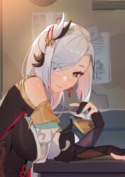 Rule 34 | 1girl, absurdres, blue eyes, blue nails, blush, breasts, chinese commentary, closed mouth, commentary request, cup, genshin impact, hair ornament, highres, holding, holding cup, large breasts, long hair, looking at viewer, raywallin, shenhe (genshin impact), smile, solo, table, white hair