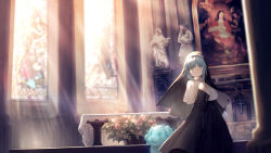Rule 34 | 18 (backstreetno18), 1girl, alternate eye color, architecture, black robe, blurry, blurry background, blush, church, commentary request, cross, dog, duel monster, flower, ghost, ghost sister &amp; spooky dogwood, grey eyes, habit, hand on own chest, indoors, jewelry, light rays, long hair, looking afar, necklace, nun, painting (object), pillar, plant, potted plant, robe, solo focus, stained glass, statue, sunbeam, sunlight, table, tablecloth, traditional nun, white hair, window, yu-gi-oh!