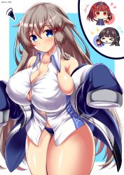 Rule 34 | 3girls, :x, anchor hair ornament, azur lane, birmingham (azur lane), blue coat, blue eyes, blue panties, blunt bangs, blush, bottle, breasts, brown hair, bursting breasts, character request, chibi, chibi inset, cleavage, closed mouth, coat, collared shirt, commentary request, covered erect nipples, denver (azur lane), drink, flying sweatdrops, hair between eyes, hair ornament, hairband, highres, holding, holding drink, kamishiro (rsg10679), large breasts, lightning bolt symbol, long hair, long island (azur lane), looking at viewer, multiple girls, panties, red eyes, reeds, shirt, squiggle, standing, thighs, twitter username, underwear, very long hair, white shirt