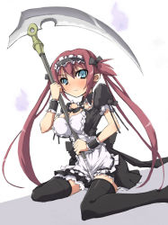 Rule 34 | airi (queen&#039;s blade), airi (queen's blade), airi (the infernal temptress), angry, blush, maid, maid headdress, queen&#039;s blade, red hair, sasamashin, scythe, solo, thighhighs, twintails, zettai ryouiki