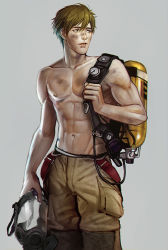Rule 34 | 10s, 1boy, brown hair, dirty, free!, holding mask, male focus, mask, unworn mask, mistermagnolia, muscular, oxygen tank, topless male, simple background, solo, tachibana makoto