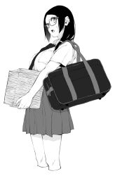 Rule 34 | 1girl, absurdres, bag, breast pocket, breasts, cropped legs, from side, glasses, greyscale, highres, holding, large breasts, looking at viewer, looking to the side, monochrome, original, pleated skirt, pocket, ponytail, school uniform, shirt, short sleeves, shoulder bag, simple background, skirt, solo, standing, sweatdrop, vice (kuronekohadokoheiku), white background