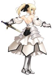 Rule 34 | 1girl, absurdres, armor, armored boots, armored dress, artoria pendragon (fate), backless outfit, bare back, black ribbon, blonde hair, boots, fate/grand order, fate/stay night, fate/unlimited codes, fate (series), from behind, full body, gauntlets, highres, higurashi ryuuji, holding, holding sword, holding weapon, looking at viewer, official art, ponytail, ribbon, saber (fate), saber lily, solo, sword, transparent background, weapon, yellow eyes