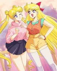 Rule 34 | absurdres, aino minako, bishoujo senshi sailor moon, blonde hair, blue eyes, bow, breasts, closed mouth, closed mouth smile, danmakuman, earrings, female focus, happy, highres, jewelry, laughing, light smile, long hair, long sleeves, miniskirt, mother and daughter, mouthred bow, necklace, one eye closed, open mouth, short sleeves, shorts, skirt, smile, sweater, toei animation, tree, tsukino usagi, twintails, very long hair, wink