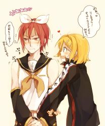 Rule 34 | 10s, 1boy, 1girl, blonde hair, blush, cosplay, costume switch, crossover, free!, hair ornament, hairclip, heart, kagamine rin, kagamine rin (cosplay), matsuoka rin, matsuoka rin (cosplay), mukkun, name connection, open mouth, red eyes, red hair, short hair, smile, sweat, vocaloid