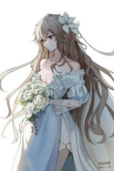 Rule 34 | 1girl, absurdres, artist name, bare shoulders, bouquet, breasts, brown hair, cleavage, commentary request, dangle earrings, dated, double-parted bangs, dress, earrings, flower, girls&#039; frontline, hair between eyes, hair flower, hair ornament, hair ribbon, highres, holding, holding bouquet, jewelry, long hair, long sleeves, medium breasts, puffy sleeves, red eyes, ribbon, sakatakin, simple background, solo, sp9 (drifting snow) (girls&#039; frontline), sp9 (girls&#039; frontline), very long hair, white background, white dress, white flower, white ribbon