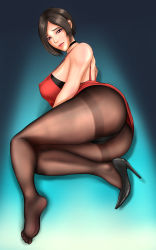Rule 34 | 1girl, absurdres, ada wong, artist request, ass, bare shoulders, black eyes, black hair, blush, breasts, dress, embarrassed, high heels, highres, large breasts, looking at viewer, lying, on side, red dress, resident evil, resident evil 2, shiny skin, short hair, sideboob, solo, thong