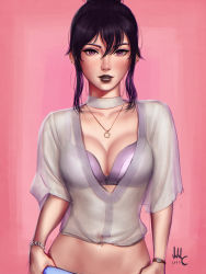 Rule 34 | 2017, artist name, black hair, black lips, body freckles, breasts, cleavage, earrings, freckles, hair between eyes, highres, jewelry, lips, midriff, navel, necklace, pink background, realistic, ring, ring necklace, sciamano240, see-through, sidelocks, solo