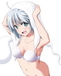 Rule 34 | 1girl, ahoge, arms up, bare arms, bare shoulders, blush, bottomless, bra, breasts, cleavage, collarbone, commentary request, cowboy shot, green eyes, groin, hair between eyes, highres, hitodama, konpaku youmu, konpaku youmu (ghost), looking at viewer, medium breasts, nori tamago, open mouth, out-of-frame censoring, short hair, silver hair, simple background, solo, standing, touhou, towel, towel on head, underwear, white background, white bra