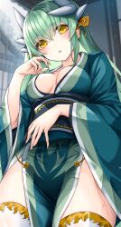 Rule 34 | 1girl, blush, breasts, commentary request, dragon girl, dragon horns, fate/grand order, fate (series), green hair, green kimono, hair ornament, highres, horns, japanese clothes, kimono, kiyohime (fate), large breasts, long hair, looking at viewer, morizono shiki, parted lips, rain, solo, thighhighs, thighs, white thighhighs, wide sleeves, yellow eyes