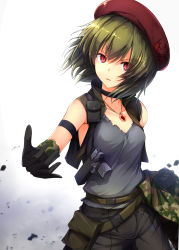 Rule 34 | 1girl, arm strap, black gloves, black pants, breasts, choker, cleavage, clenched hand, collarbone, floating hair, gloves, gradient background, green hair, grey background, grey shirt, hat, highres, idol heroes (idolmaster), idolmaster, idolmaster million live!, jewelry, looking at viewer, nagayoshi subaru, necklace, pants, parted lips, red eyes, red hat, ro risu, shirt, short hair, sleeveless, sleeveless shirt, small breasts, solo, standing, v-shaped eyebrows