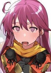 Rule 34 | 1girl, @ @, ahoge, armor, blush, gloves, hands on own chest, kentou kanami, long hair, open mouth, pink eyes, pink hair, pom pom (clothes), rance (series), shikosour, simple background, solo, sweat, tears, wavy mouth