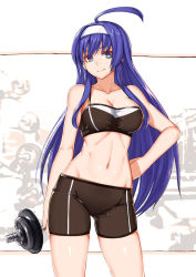 Rule 34 | 1girl, ahoge, blue eyes, blue hair, breasts, cleavage, collarbone, dumbbell, esg (essagna), exercising, form fitting, gym, hand on own hip, headband, long hair, looking at viewer, midriff, navel, orie ballardiae harada, simple background, smile, solo, sports bra, sportswear, tagme, thighs, toned, under night in-birth, weights, white headband