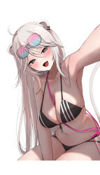 Rule 34 | 1girl, :d, absurdres, adapted costume, ahoge, animal ears, armpits, between breasts, bikini, black bikini, black eyes, blue-tinted eyewear, blush, breasts, cellphone, cleavage, commentary, ear piercing, eyewear on head, fangs, front-tie bikini top, front-tie top, gradient-tinted eyewear, grey hair, hair between eyes, highres, hololive, large breasts, lion ears, lion girl, lion tail, long hair, looking at viewer, multi-strapped bikini, navel, nerorigogo, open mouth, outstretched arm, phone, piercing, pink-tinted eyewear, selfie, shishiro botan, sidelocks, simple background, sitting, skindentation, smartphone, smartphone pouch, smile, solo, stomach, strap between breasts, string bikini, sunglasses, swimsuit, tail, tinted eyewear, virtual youtuber, white background